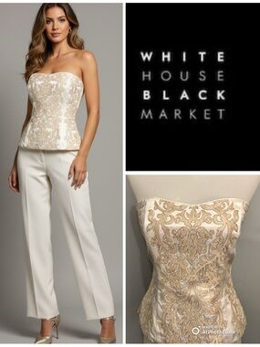 White House Black Market Cream and Gold Strapless Brocade Camisole